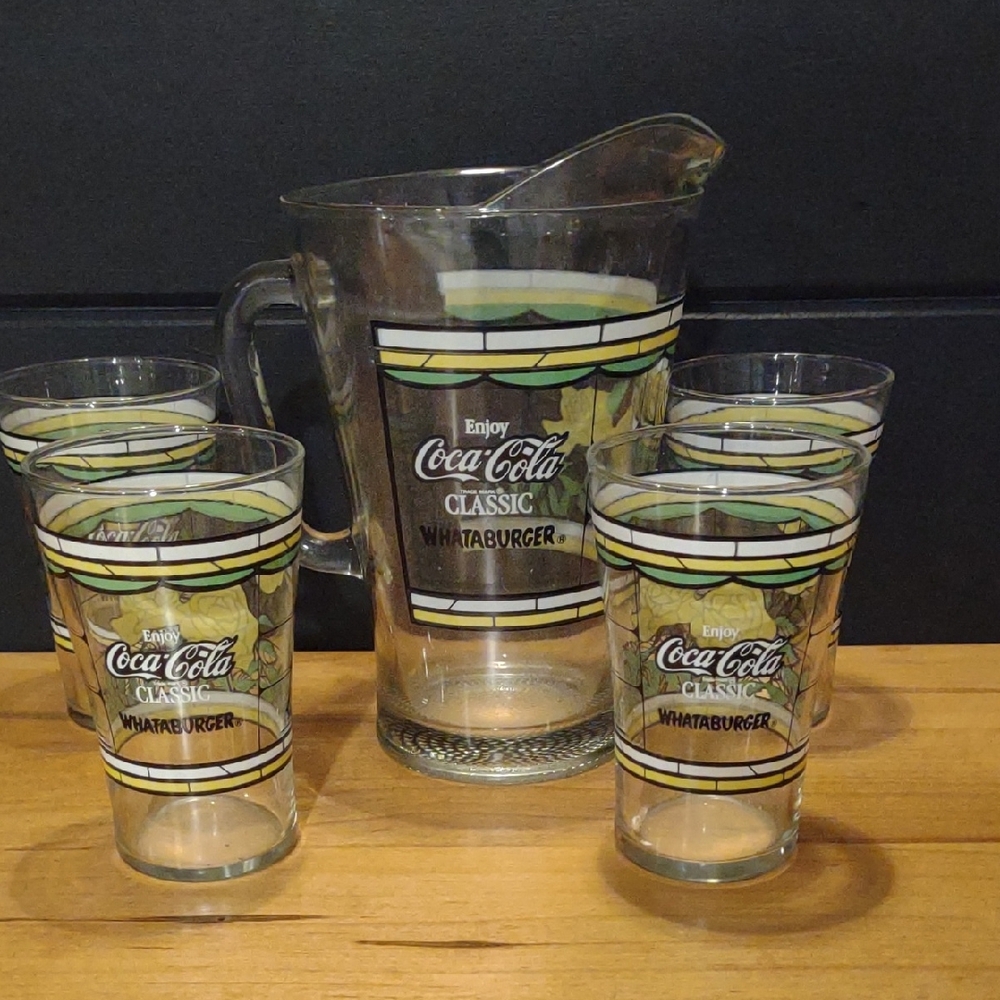 Coca Cola Classic Whataburger Glass Set With Pitcher Green, Black, Yellow